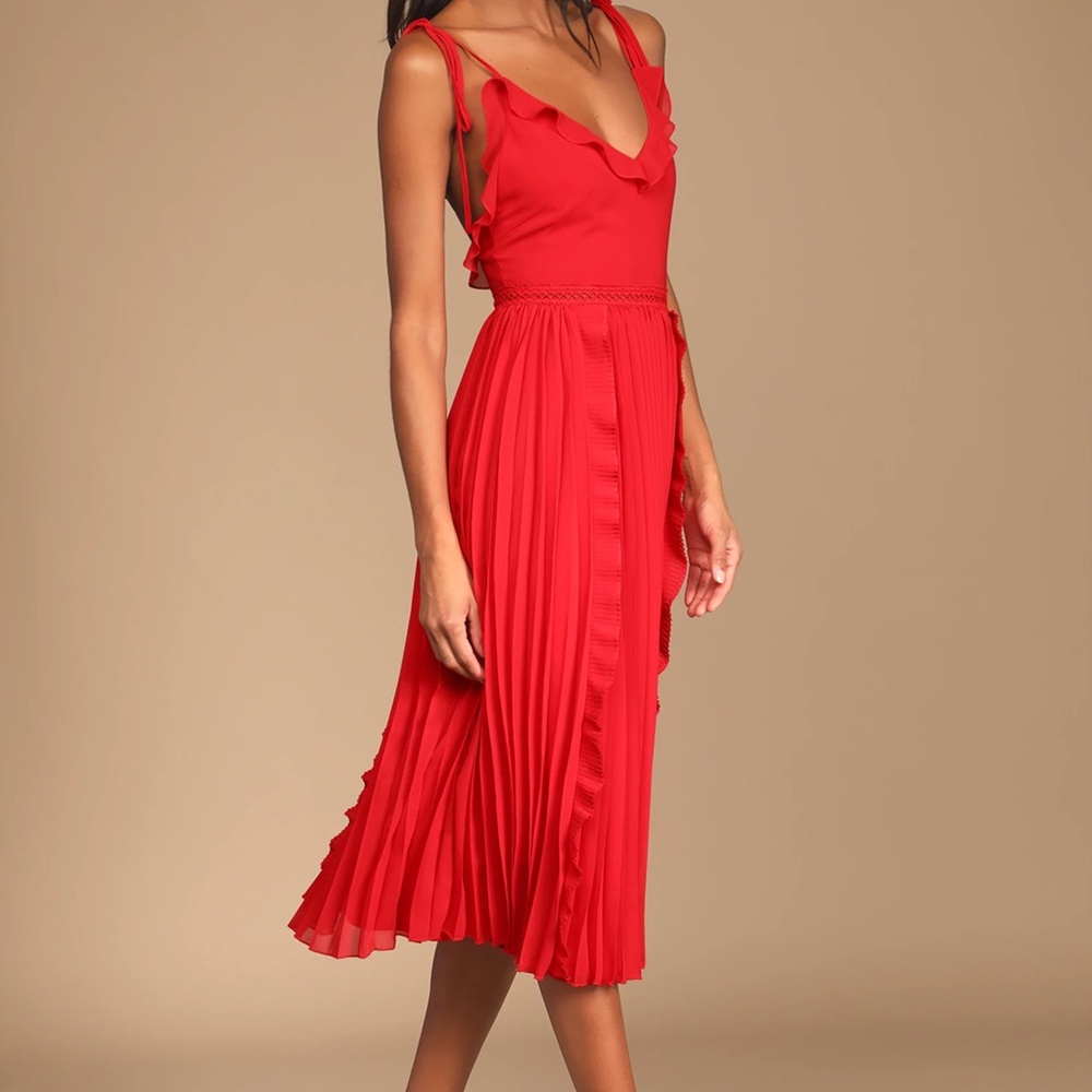 Lulus Tie Strap Pleated Red Midi Dress